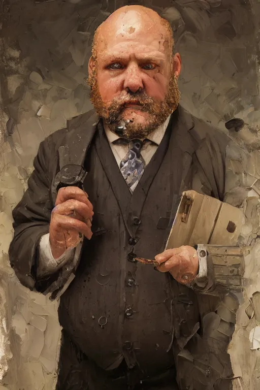 Image similar to palette knife oil painting of professor clay, middle - aged, thickset, barrel chest, voluminous, salt - and - pepper beard. eyes smolder like embers. dress shirt and suspenders, sleeves rolled, tie loosened. extreme detail. artstation trending, artgerm, deviant art, octane, substance, art history 8 k