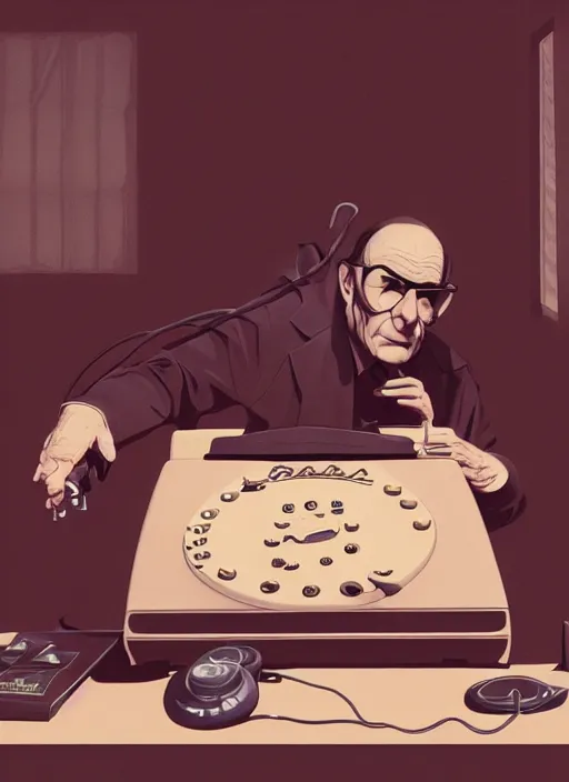 Image similar to Twin Peaks movie poster artwork by Michael Whelan and Tomer Hanuka, Rendering of Hunter S Thompson talking on a rotary telephone at his desk late at night, from a scene from Twin Peaks, clean, full of detail, Matte painting, trending on artstation and unreal engine