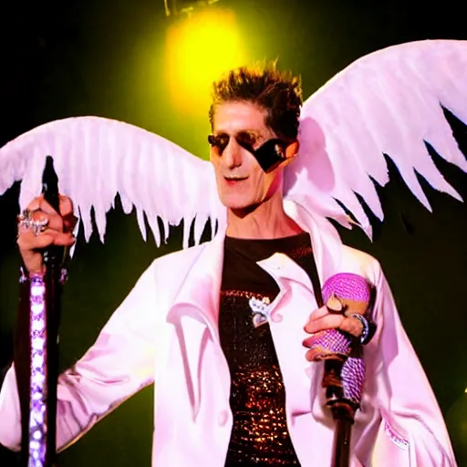 Image similar to perry farrell singing live on stage, dressed as an angel, photographic quality, live concert photo