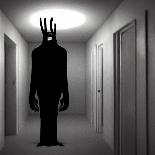 Prompt: a flash photo of creepy tall! wendigo with an unnatural posture standing in a vantablack hallway from the horror movie rec, shaky camera, it is deformed and is staring at the camera from the end of a dark liminal hallway. caught on vhs, film grain, national geographic award winning photography,