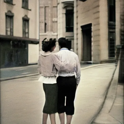 Image similar to Couple photographed by Andre Kertesz, kodak 5247 stock, color photograph