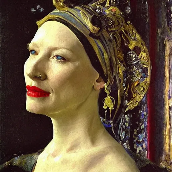 Image similar to cate blanchett by Annie Swynnerton and Nicholas Roerich and Vermeer, strong dramatic cinematic lighting, ornate headdress, lost civilizations, smooth, sharp focus, extremely detailed