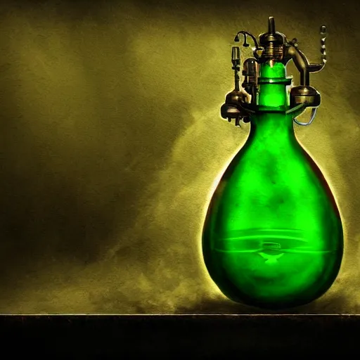 Prompt: a steampunk painting of a centered vintage yellow green steampunk poison potion bottle, lit by a single ray of sunlight in a dark dusty vintage science lab, by h. r. giger, hyperrealistic fantasy art, concept matte, ethereal, dreamy, digital art, trending on artstation, volumetric cinematic lighting