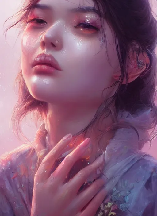 Image similar to beautiful, young eurasian woman, extremely detailed gorgeous face, looks realistic, hyper-detailed portrait, sad eyes tears, vaporwave aesthetic, synthwave, magical, fantasy, flowers, artist Artgerm and Greg Rutkowski and WLOP