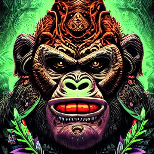 Image similar to barong family member, wiwek, mara demon, one single tribe member, jungle, one single mask, dark, ancient warrior, grumpy gorilla, lizard, tribal, inner glow, art by dan mumford and justin gerard