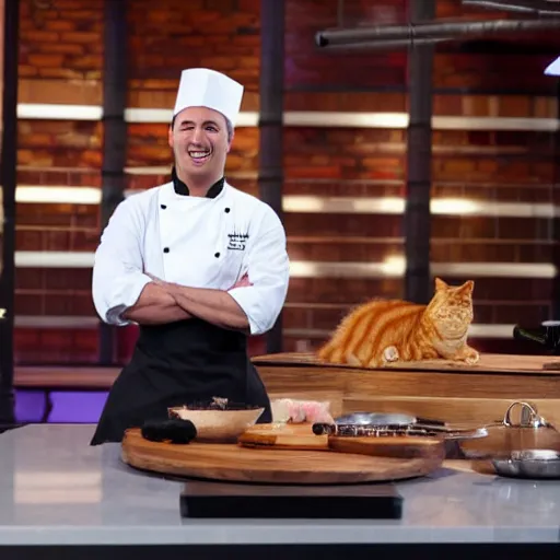 Prompt: anthropomorphic cats chef competing at the Masterchef TV show, studio shot