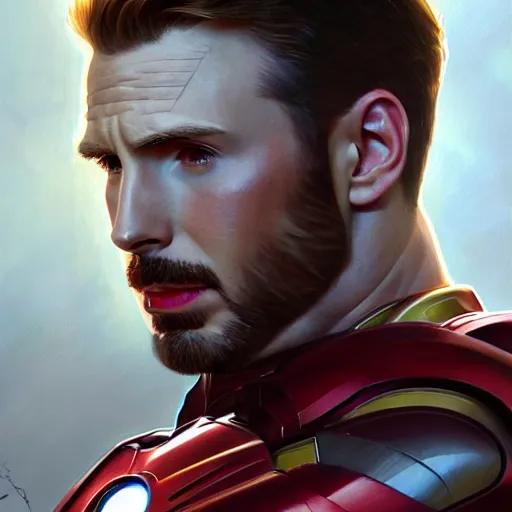 Image similar to handsome Chris Evans in an Iron Man suit, western, closeup, D&D, fantasy, intricate, elegant, highly detailed, digital painting, artstation, concept art, matte, sharp focus, illustration, art by Artgerm and Greg Rutkowski and Alphonse Mucha