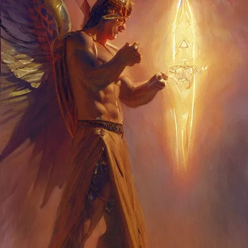 Image similar to attractive male deity casts light spell, summons attractive male lucifer morningstar. highly detailed painting by gaston bussiere, craig mullins, j. c. leyendecker 8 k