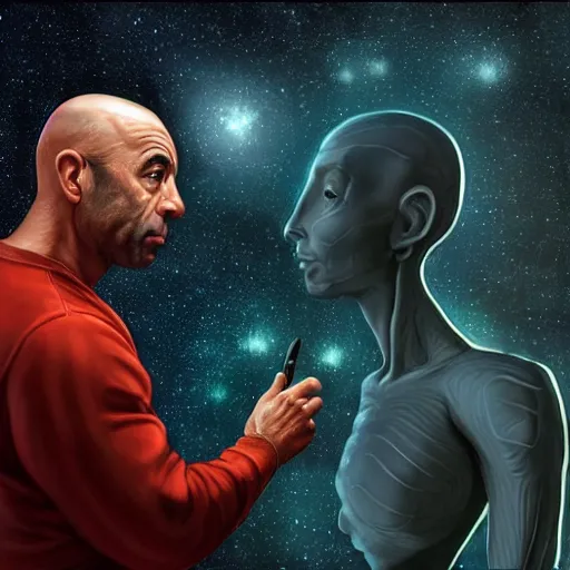 Prompt: Joe Rogan talking to aliens from another galaxy, intricate, elegant, highly detailed, digital painting, artstation, smooth, sharp focus, medium shot, mid-shot, Unreal Engine 4k