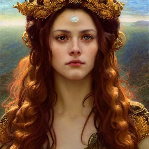 Image similar to an portrait of a beautiful alluring female goddess, detailed, centered, digital painting, artstation, concept art, donato giancola, Dante Gabriel Rossetti, alphonse mucha, Joseph Christian Leyendecker, WLOP, Boris Vallejo, Breathtaking, 8k resolution, extremely detailed, beautiful, establishing shot, artistic, hyperrealistic, beautiful face, octane render