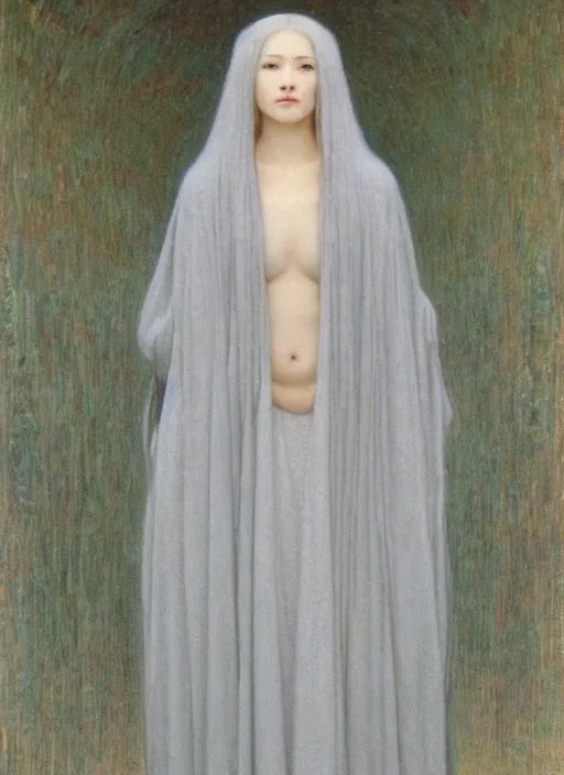 Image similar to thin young beautiful girl with silver hair, pale!, wearing robes, wearing hair, goddess, pale smooth, young cute wan asian face, silver robes!!, oil on canvas by jean delville, 4 k resolution, aesthetic!,