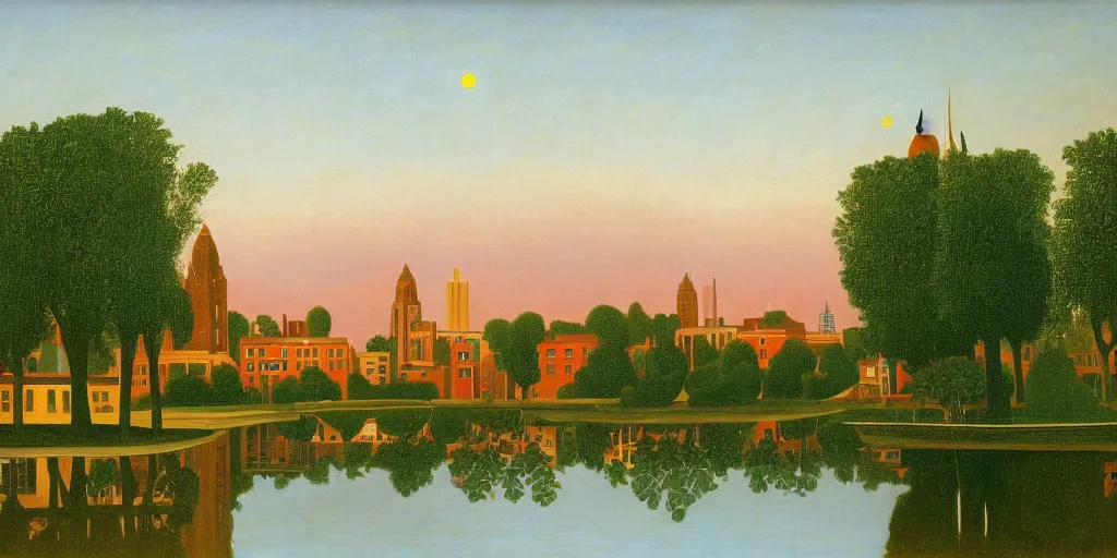 Prompt: a beautiful painting of Columbus Ohio by Henri Rousseau, golden hour, 8k, 4k