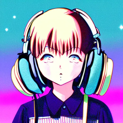 Prompt: vintage 90's anime mixed with pastel anime head wearing headphones adorable portrait pleasing palette trending on artstation funhouse surreal unpredictable wild unexplainable fantasy land you could not have dreamed of in the gritty posterized grainy analog style of studio Ghibli, HQ 8k scan