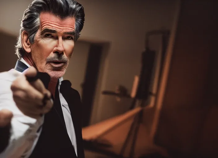 Image similar to film footage of pierce brosnan as giant monster destroying a city, 8 k, 8 5 mm f 1. 8, studio lighting