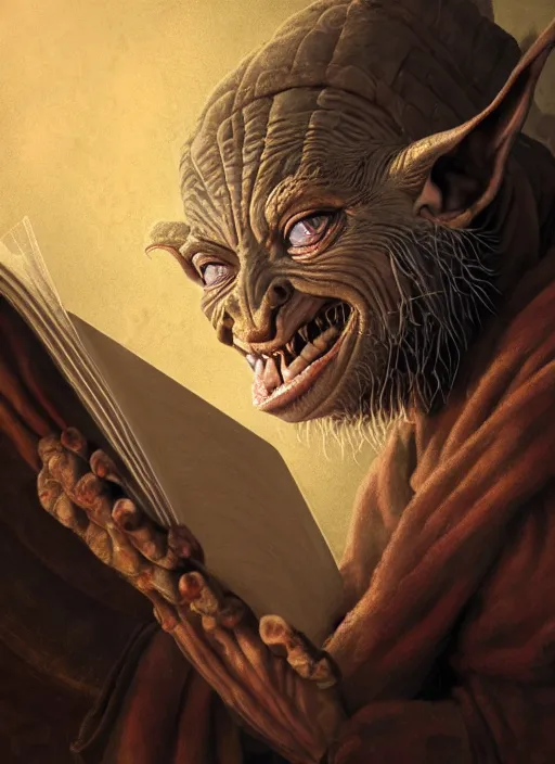 Prompt: highly detailed closeup portrait of a medieval goblin reading a spellbook, stephen bliss, unreal engine, greg rutkowski, ilya kuvshinov, ross draws, hyung tae and frank frazetta, tom bagshaw, tom whalen, nicoletta ceccoli, mark ryden, earl norem, global illumination, god rays, detailed and intricate environment