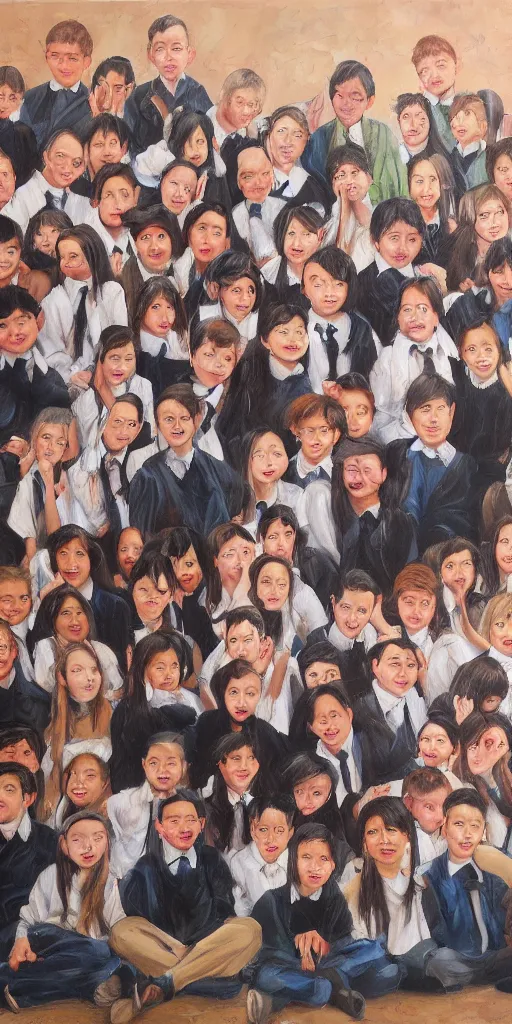 Prompt: oil painting scene photographer takes group school photo by kim jung gi