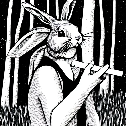 Prompt: an epic profile of a rabbit smoking a cigarette deep in the forest, striking pose, black and white illustration, creative design by junji ito