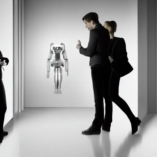 Image similar to a woman, a man, an animal, standing in a white room, dramatic lighting, highly detailed, the imposing non-human intellect of artificial intelligence judges them