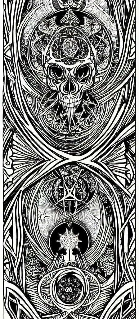 Image similar to a beautiful fractal tarot card featuring bold occult imagery with clean lines. skulls. punk. dimension. haeckel fish and sea creatures. detailed adult coloring book