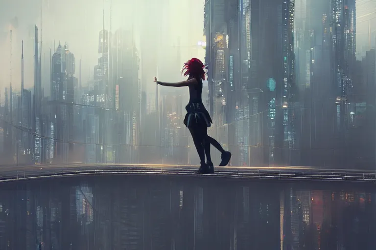 Prompt: a beautiful picture of a girl standing on top of a bridge over a city, cyberpunk art by vincent lefevre,