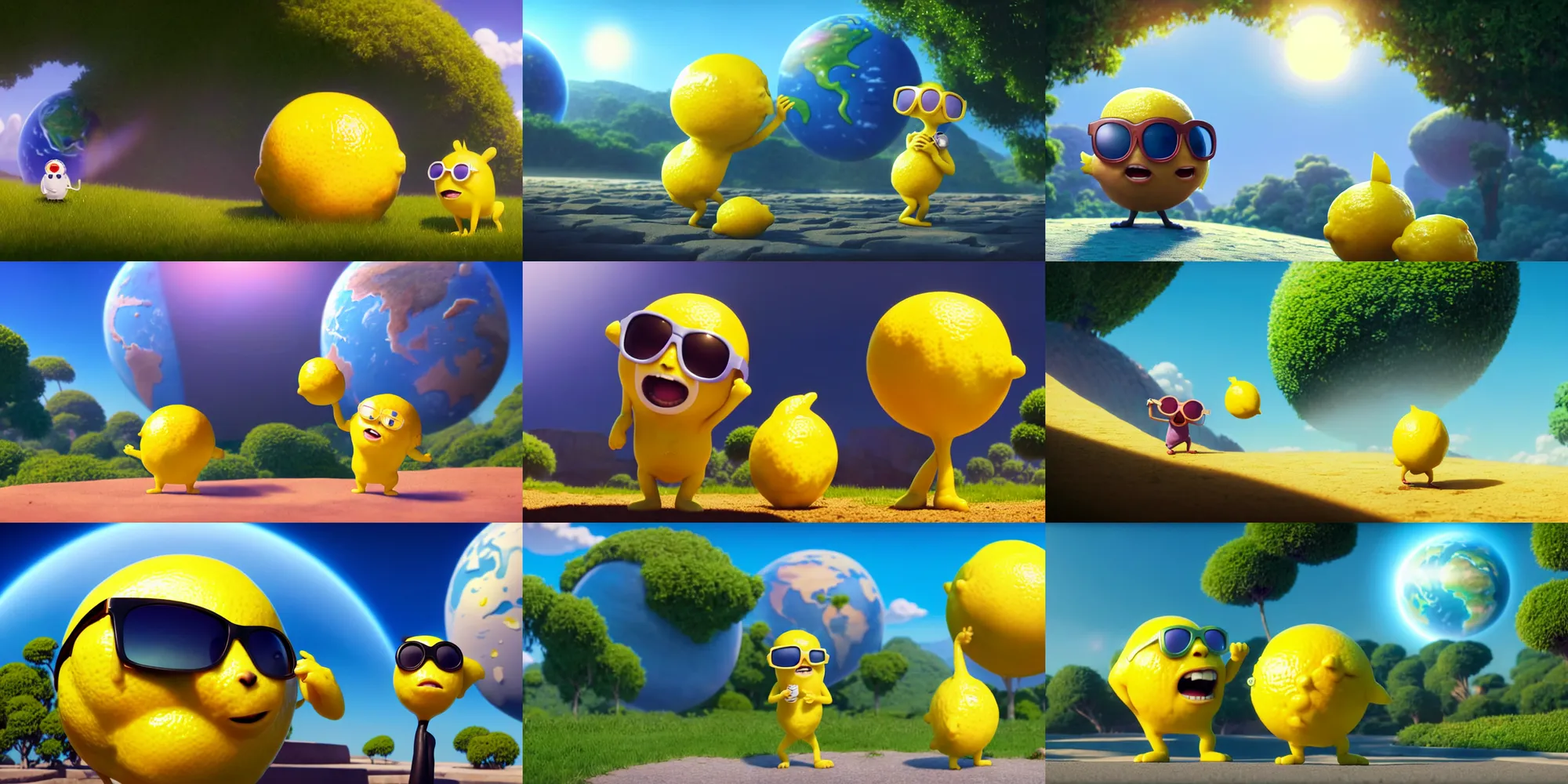 Prompt: a wholesome animation key shot of lemon eating the planet earth, wearing sunglasses, medium shot, waist up, pixar and disney animation, sharp, rendered in unreal engine 5, anime key art by greg rutkowski, bloom, dramatic lighting