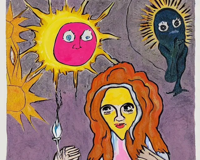 Prompt: small creature in white robe with glowing pink eyes and sun ray flame hair holding lit matches and singing, traditional folk art style, gouache on paper, outsider art, David Palladini, Mu Pan, Carson Ellis, Julia Sarda