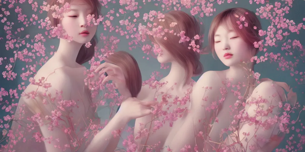 Prompt: breathtaking delicate concept art painting pattern blend of flowers and girls, by hsiao - ron cheng, bizarre compositions, exquisite detail, pastel colors, 8 k