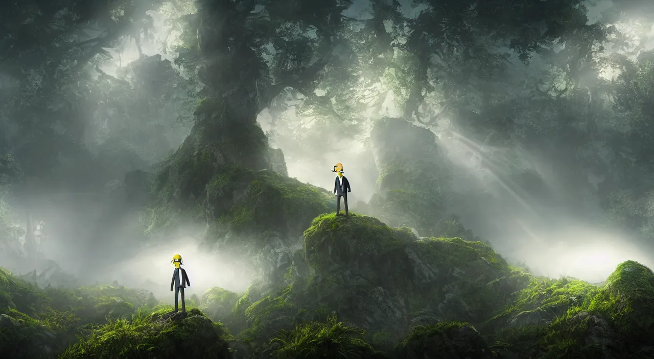 Image similar to photorealistic matte painting of mr burns of the simpsons standing far in misty overgrowth undergrowth jagged rock features volumetric fog light rays high contrast dawn