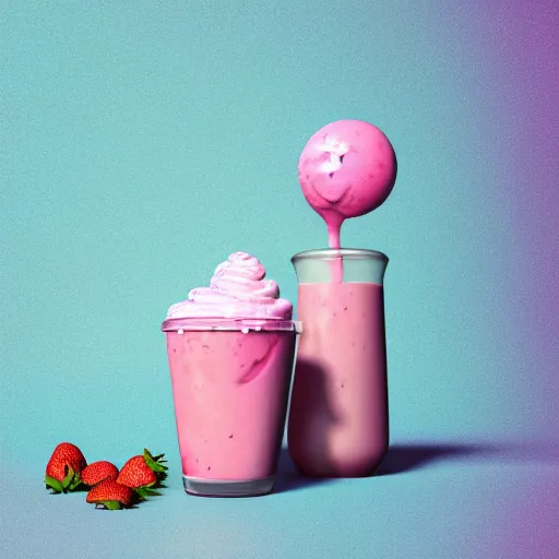 Image similar to 3 d render of a hovering pink milkshake with whipped cream with a slight sparkle and iridescent texture aginst a pink backdrop with slight sadow underneath and falling strawberries in the background, photorealistic, bold colours 4 k, cgsociety, blender, unreal engine 5, sharp details, 3 0 0 dpi