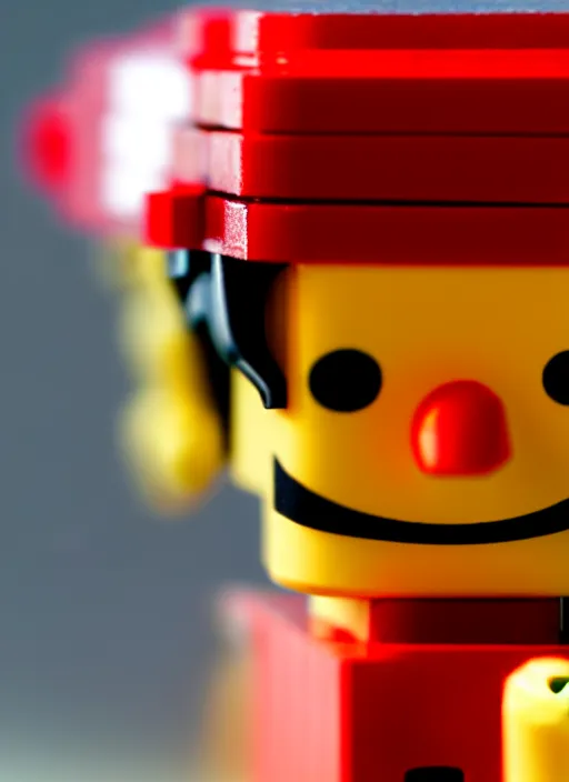 Prompt: photograph of a lego luffy face, depth of field, focus,