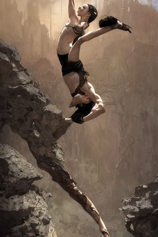 Image similar to a full body portrait of a beautiful post apocalyptic offworld desert gymnast leaping in ballet dance pose by the emerald oasis pools, intricate, elegant, highly detailed, digital painting, artstation, concept art, smooth, sharp focus, illustration, art by krenz cushart and artem demura and alphonse mucha