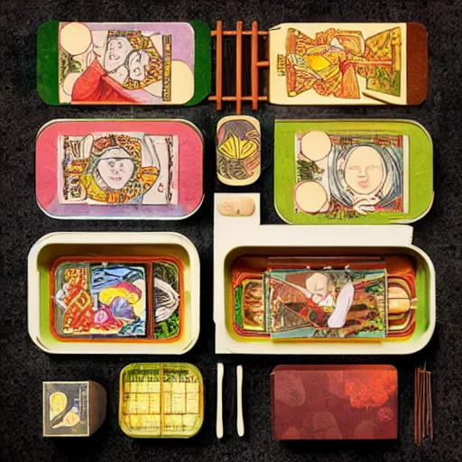 Image similar to bento box organised in the style of a tarot card, beautiful realistic photograph