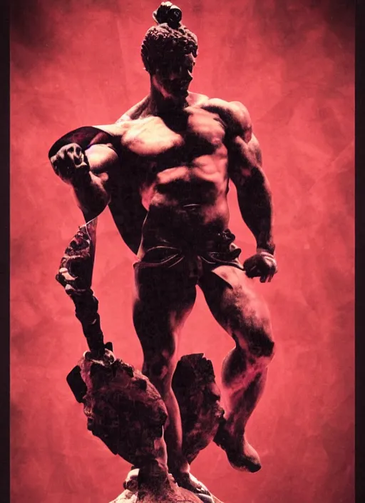 Prompt: dark design poster showing a statue of hercules, black background with very subtle red and purple design elements, powerful, nekro, vito acconci, thin straight lines, dark, glitch art, neo vaporwave, gritty, layout frame, square, trending on artstation