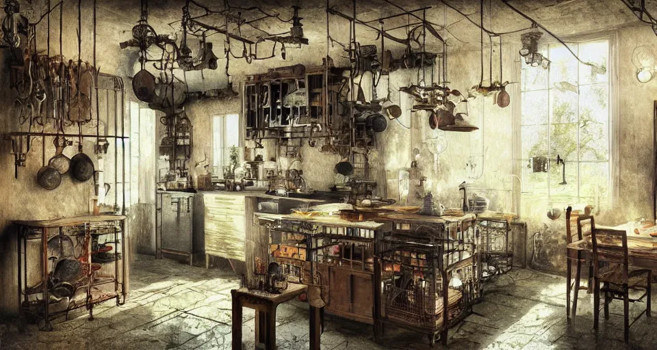 Image similar to IKEA catalogue photo of a steampunk farmhouse kitchen, by Beksinski