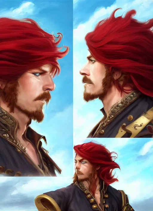 Prompt: portrait of a male pirate with flowing red hair!!!!!!, handsome, side profile, Steampunk airship!!!!!!!, D&D, fantasy, simple clothing!!!!, elegant, highly detailed, digital painting, deviantart, artstation, concept art, sharp focus, illustration, art by Artgerm and Greg Rutkowski and Alphonse Mucha