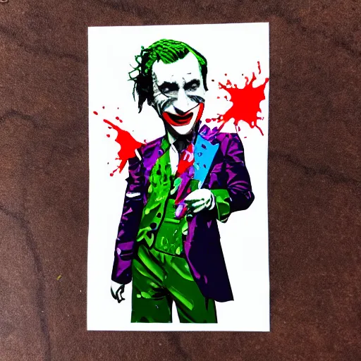 Image similar to die cut sticker, saul goodman wearing the joker suit, splatter paint