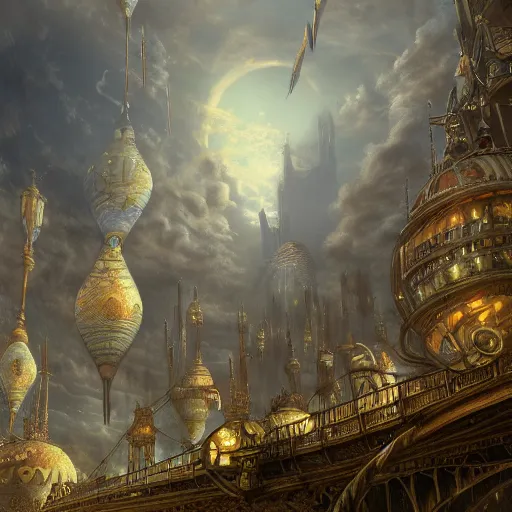 Image similar to enormous flying city in a faberge egg, sky, steampunk, fantasy art, masterpiece, hugh ferriss, unreal engine, andreas achenbach cloudy background, latticework