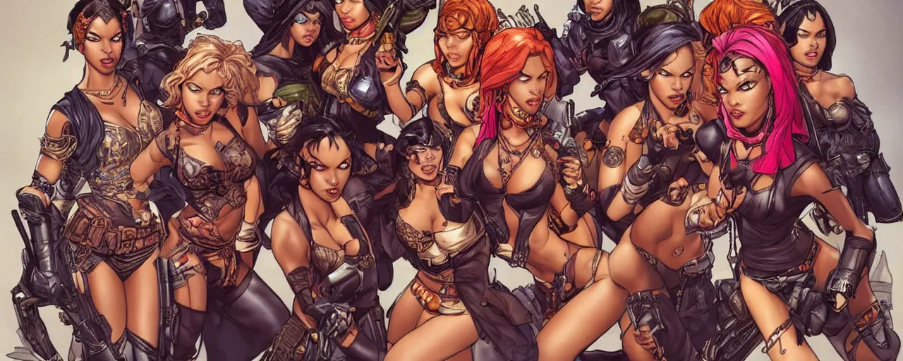 Prompt: a group of six female thieves with unique styles of dress, brown skin, and different hair colours, bold and colourful, symmetrical facial features, intricate detail, detailed faces, smooth, sharp focus, beautiful, arnold rendering, art by pepe larraz,