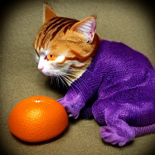 Prompt: tiny purple dragon cuddling an orange tabby cat, cozy, realistic
