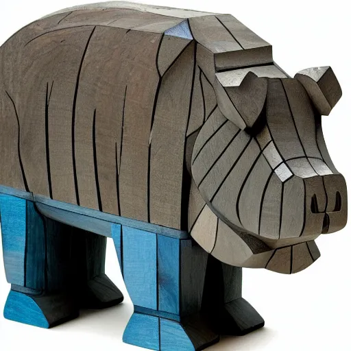 Prompt: wood block small hippo statue, wood blocks bottom hippo body, blue chrome top hippo body, by a genius craftsman, highly detailed, wood block legs made of polished wooden blocks