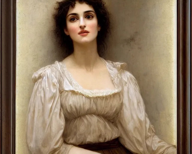 Image similar to portrait en buste of winona ryder kiera knightley in repose by Hughes Merle, by Pierre Auguste Cot, bouguereau, perfect detailed eyes, realistic fabric, abundant detail, dramatic pose