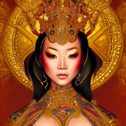 Image similar to beautiful closeup portrait of a gorgeous mongolian princess in a sensual pose covered with golden ornate armor, centered face, with full makeup, intricate, volumetric lighting, sharp focus, ultra detailed, artwork by bowater, charlie, brom, gerald, lake baikal in the background