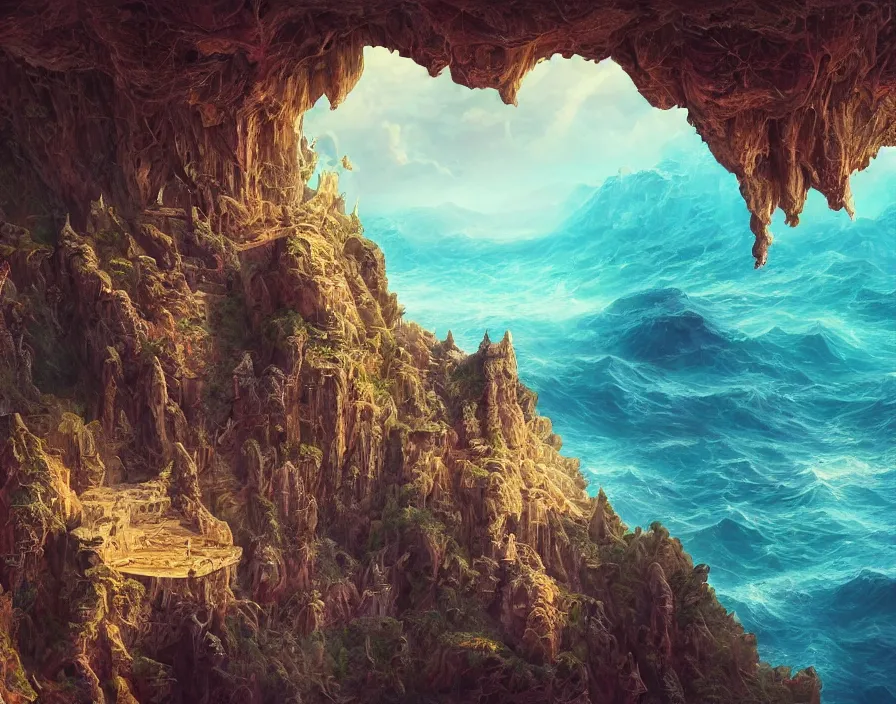 Image similar to fantasy painting of a cliff in the shape of a skull overseeing a vast ocean, complex, detailed, intricate abstract. delicate artwork. by Tooth Wu, wlop, beeple, dan mumford. octane render, trending on artstation, greg rutkowski very coherent symmetrical artwork. cinematic, hyper realism, high detail, octane render, 8k, depth of field, bokeh. chrome accents.
