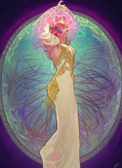 Image similar to a levitating magician surrounded by spirals of sparkling crystal, diamond and rose quartz, full body view, beautiful high quality realistic fantasy art but its hyper light drifter, trending on artstation by alphonse mucha, surrealism