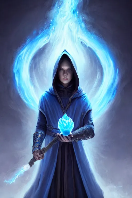 Prompt: Front portrait of a hooded mage hold a blue fire, full body, fine art, awesome fantasy book cover on Pinterest, award winning, dark fantasy landscape, fantasy magic, intricate, elegant, sharp focus, cinematic lighting, highly detailed, digital painting, concept art, art by WLOP and Artgerm and Greg Rutkowski, masterpiece, trending on artstation, 8K