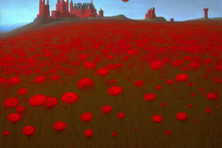 Image similar to only with red, red flowers of different types, a castle in the background, red giants rest over the flowers, in the style of beksinski, part by hopper, part by rodcenko, part by hofbauer, intricate composition, red by caravaggio, insanely quality, highly detailed, masterpiece, red light, artstation, 8 k