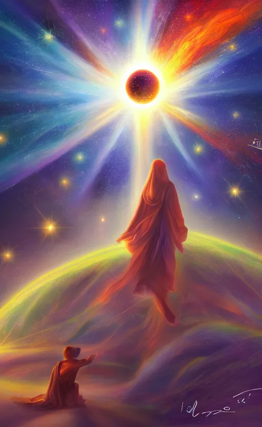 Image similar to Meeting God in the universe, digital art, trending on art station