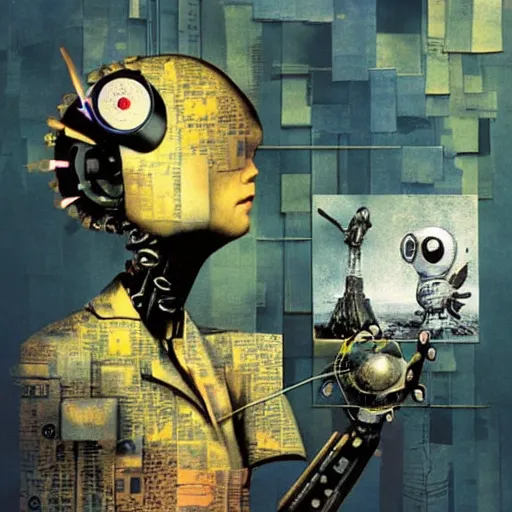 Prompt: a robot with a memory that survives the reset of the world, and a small robot bird on her shoulder, collage artwork by dave mckean and yoshitaka amano