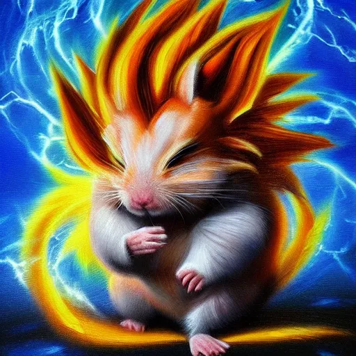 Image similar to hamster going super saiyan, oil painting