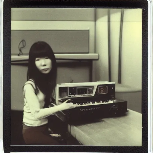 Image similar to 1 9 7 0 s polaroid of a female japanese musician playing a vintage synthesizer, hazy, faded